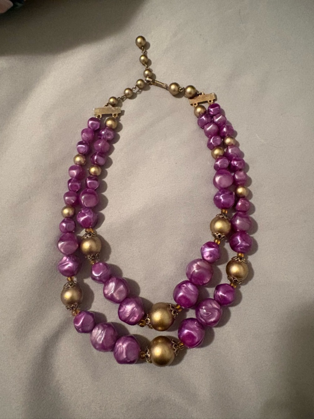 Purple Pearl and Gold Bead Double Strand Necklace